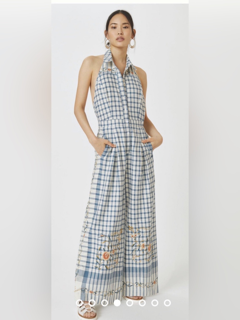 Anthropologie Blue and White Gingham Halter Jumpsuit with Embroidered Hem